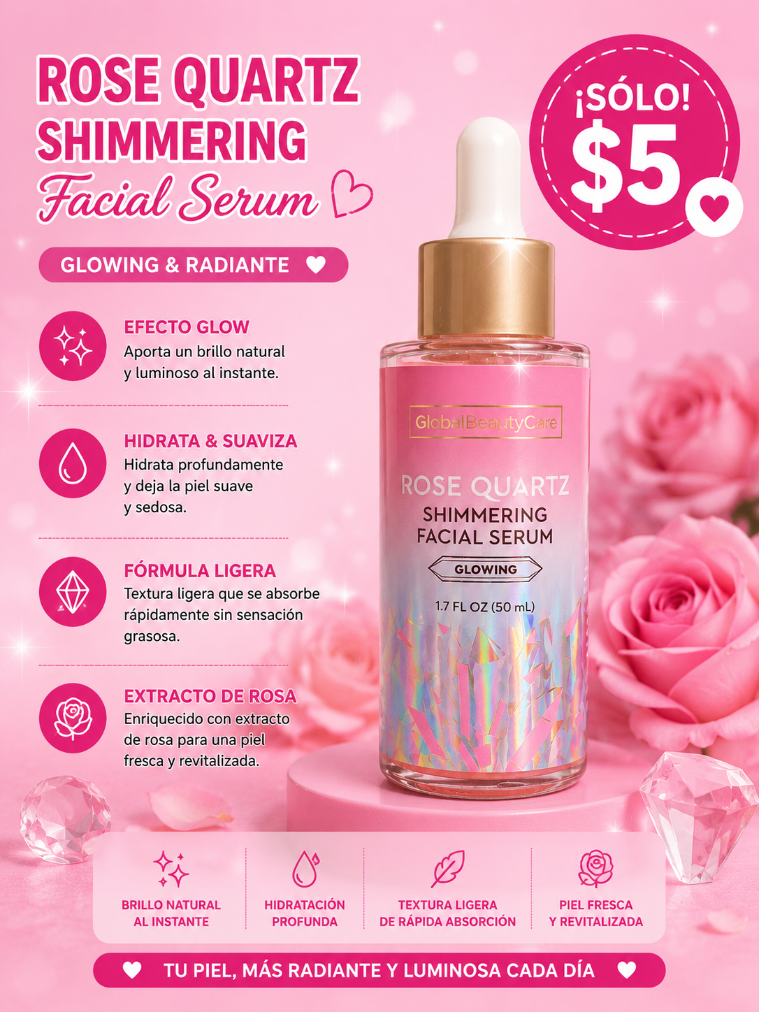 Rose quartz shimmer facial serum